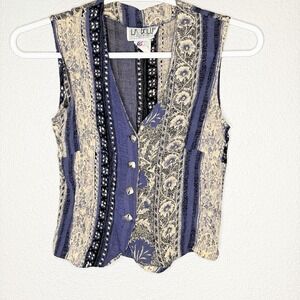 VTG 90s LA Belle Soft Floral Vest Blue Cream Boho Indie Art Teacher Grunge XS
